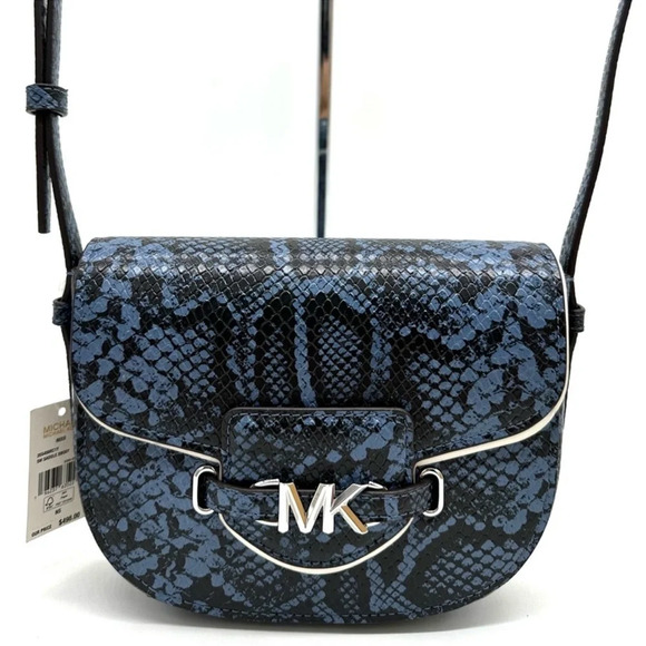 Michael Kors Small Reed Leather Saddle Crossbody Bag Snakeskin Denim - Picture 4 of 11